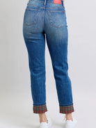 Judy Blue Plaid Perfection Plaid Cuff Straight Leg Jeans-Jeans-Shop Z & Joxa