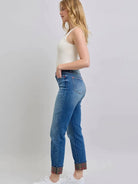 Judy Blue Plaid Perfection Plaid Cuff Straight Leg Jeans-Jeans-Shop Z & Joxa