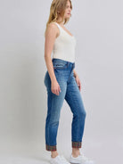 Judy Blue Plaid Perfection Plaid Cuff Straight Leg Jeans-Jeans-Shop Z & Joxa