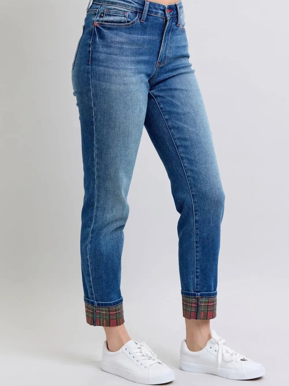Judy Blue Plaid Perfection Plaid Cuff Straight Leg Jeans-Women's Jeans-Shop Z & Joxa