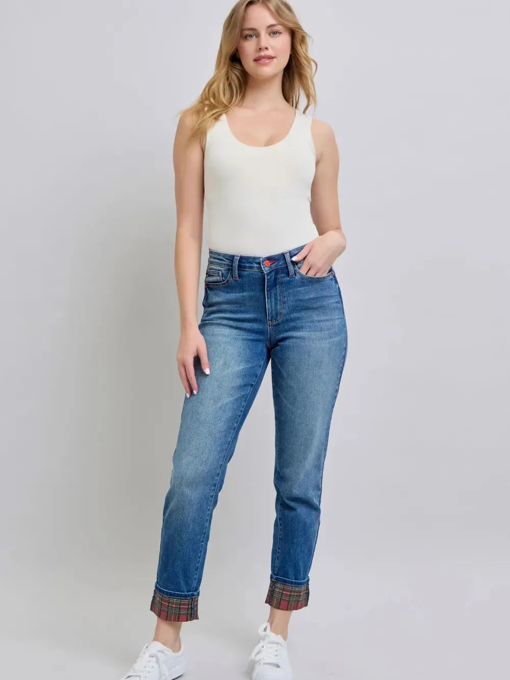 Judy Blue Plaid Perfection Plaid Cuff Straight Leg Jeans-Women's Jeans-Shop Z & Joxa