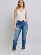 Judy Blue Plaid Perfection Plaid Cuff Straight Leg Jeans-Women's Jeans-Shop Z & Joxa