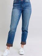 Judy Blue Plaid Perfection Plaid Cuff Straight Leg Jeans-Women's Jeans-Shop Z & Joxa