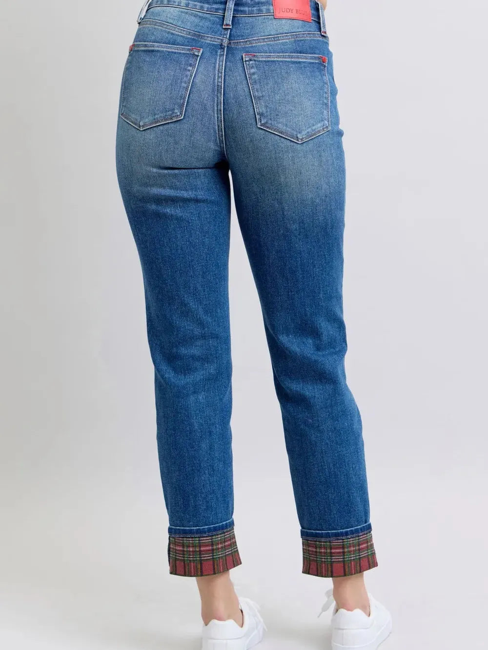 Judy Blue Plaid Perfection Plaid Cuff Straight Leg Jeans-Women's Jeans-Shop Z & Joxa