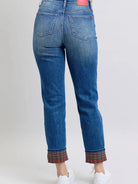 Judy Blue Plaid Perfection Plaid Cuff Straight Leg Jeans-Women's Jeans-Shop Z & Joxa