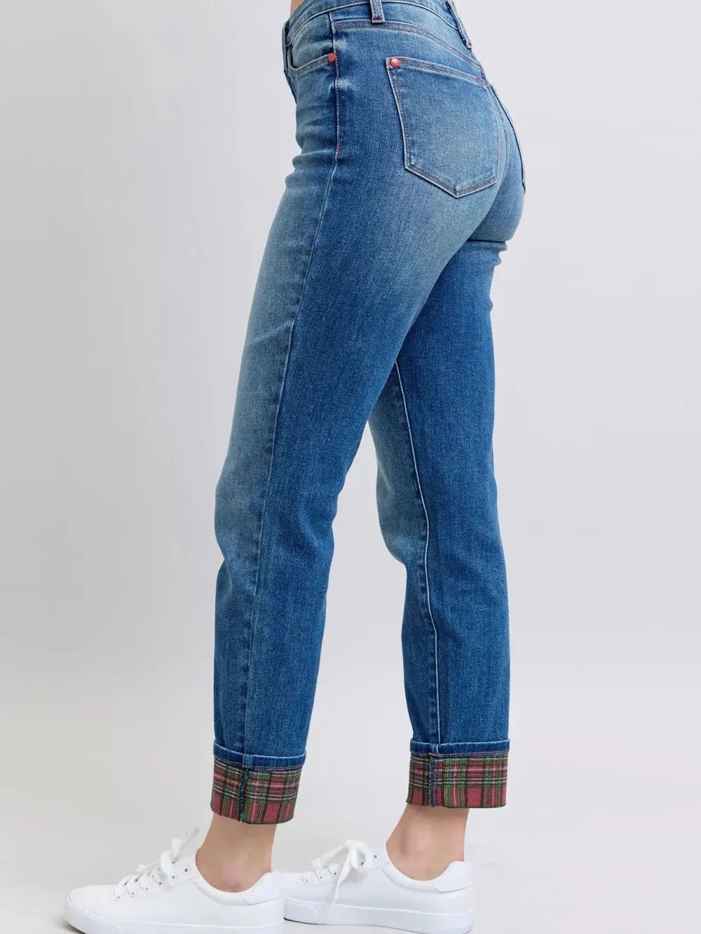 Judy Blue Plaid Perfection Plaid Cuff Straight Leg Jeans-Women's Jeans-Shop Z & Joxa