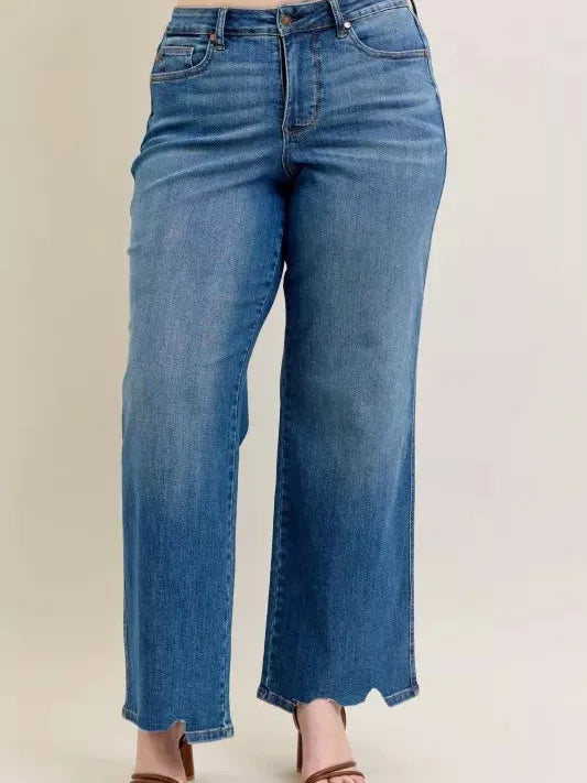 Judy Blue Raw Rhythm Tummy Control Highrise Chewed Wide Jeans-Women's Jeans-Shop Z & Joxa
