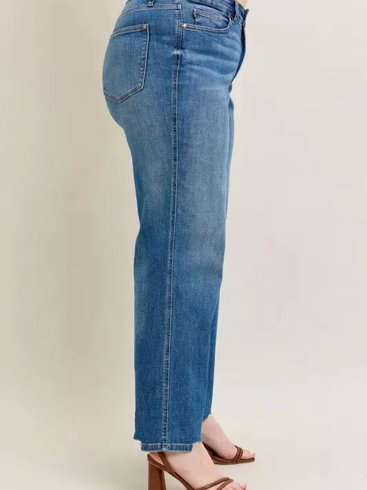 Judy Blue Raw Rhythm Tummy Control Highrise Chewed Wide Jeans-Women's Jeans-Shop Z & Joxa