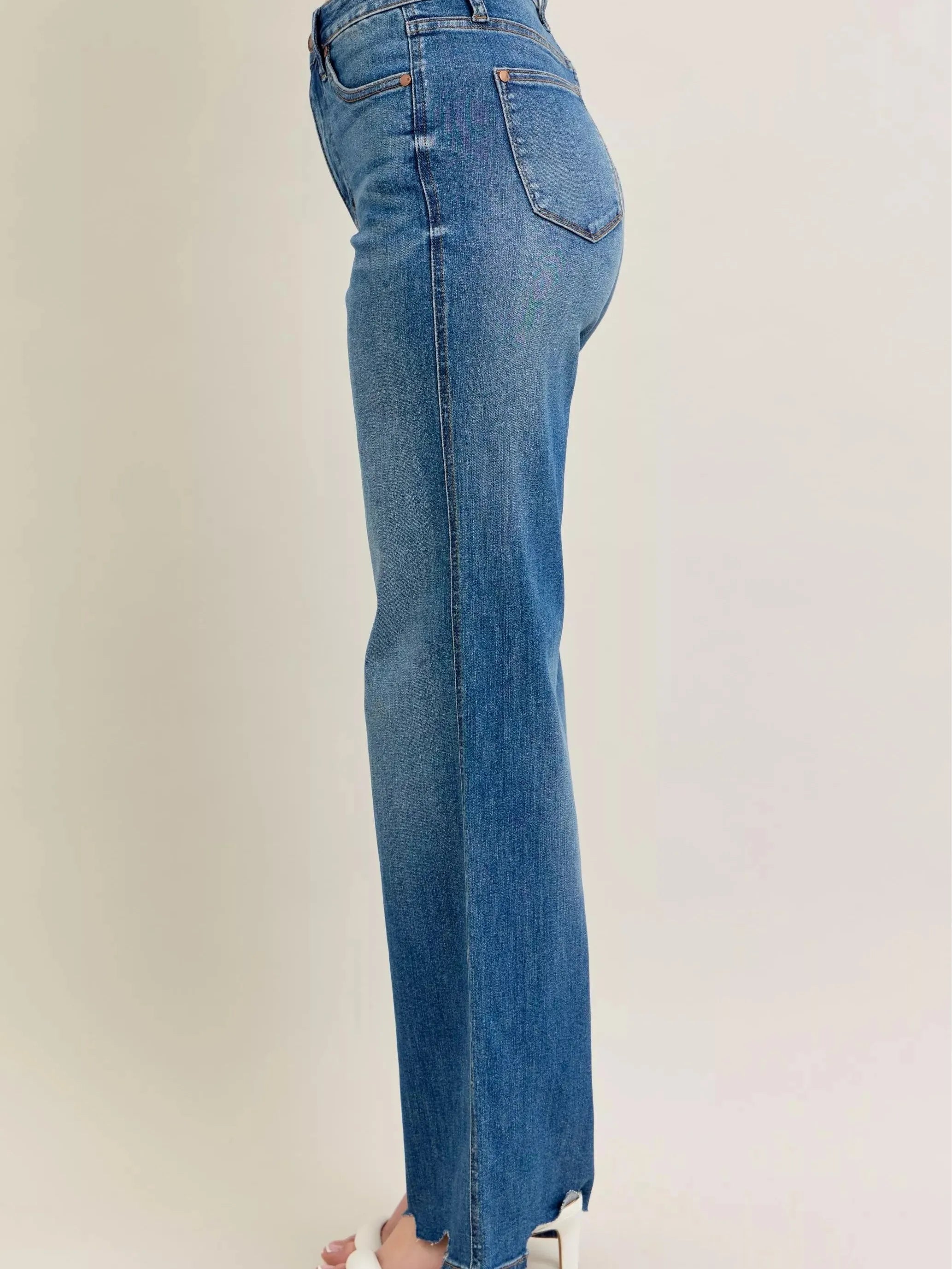 Judy Blue Raw Rhythm Tummy Control Highrise Chewed Wide Jeans-Women's Jeans-Shop Z & Joxa