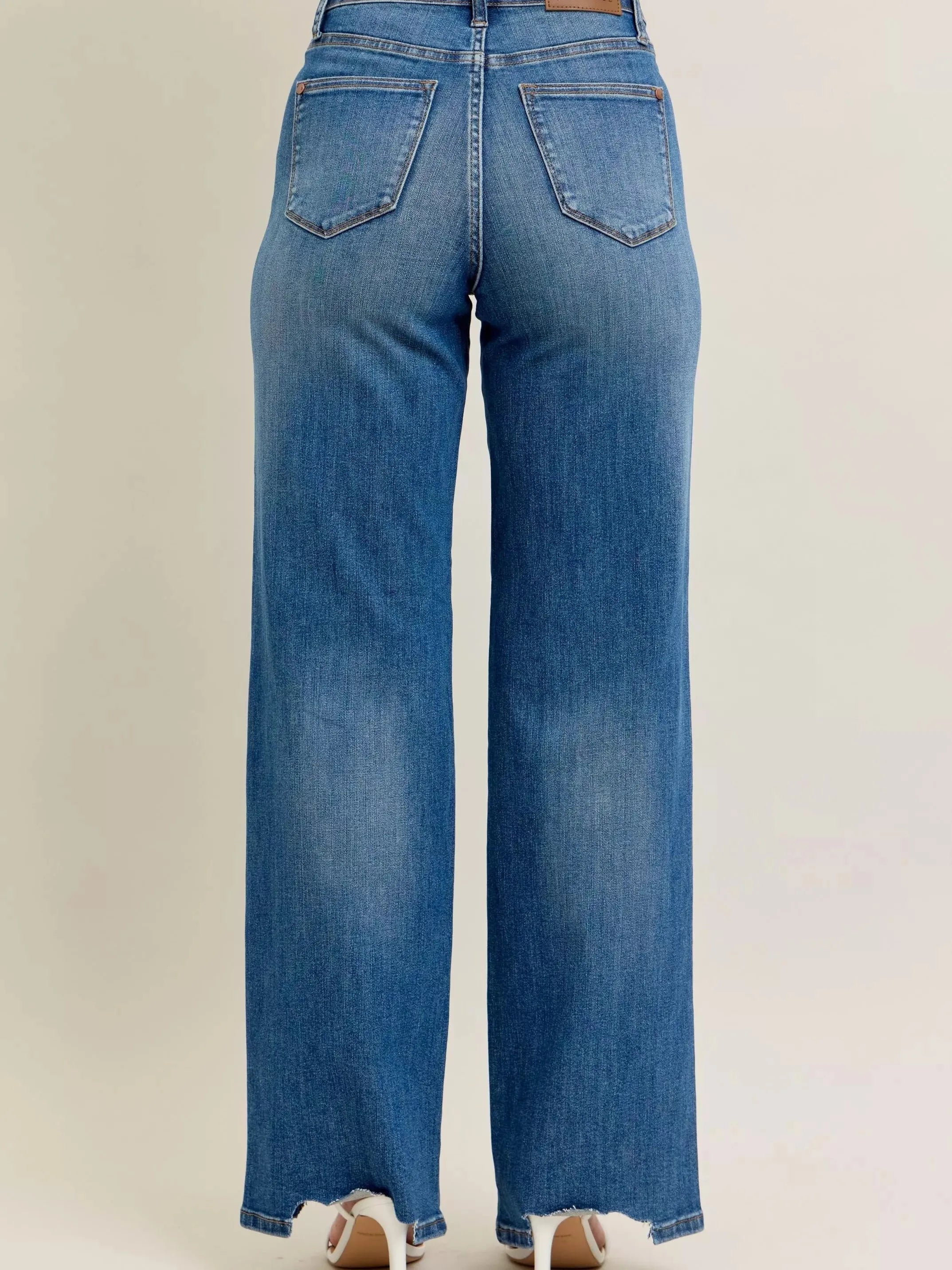 Judy Blue Raw Rhythm Tummy Control Highrise Chewed Wide Jeans-Women's Jeans-Shop Z & Joxa