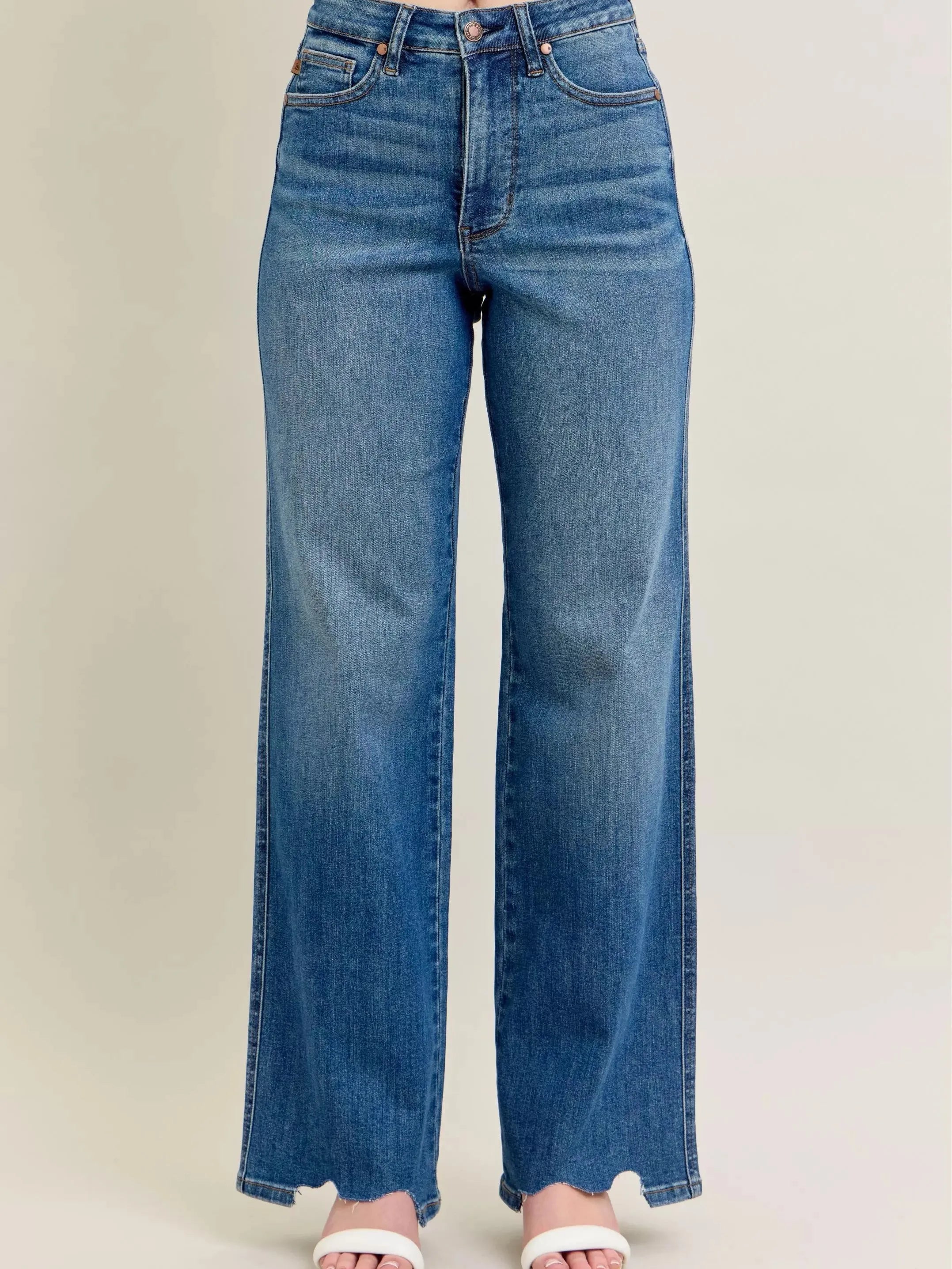 Judy Blue Raw Rhythm Tummy Control Highrise Chewed Wide Jeans-Women's Jeans-Shop Z & Joxa