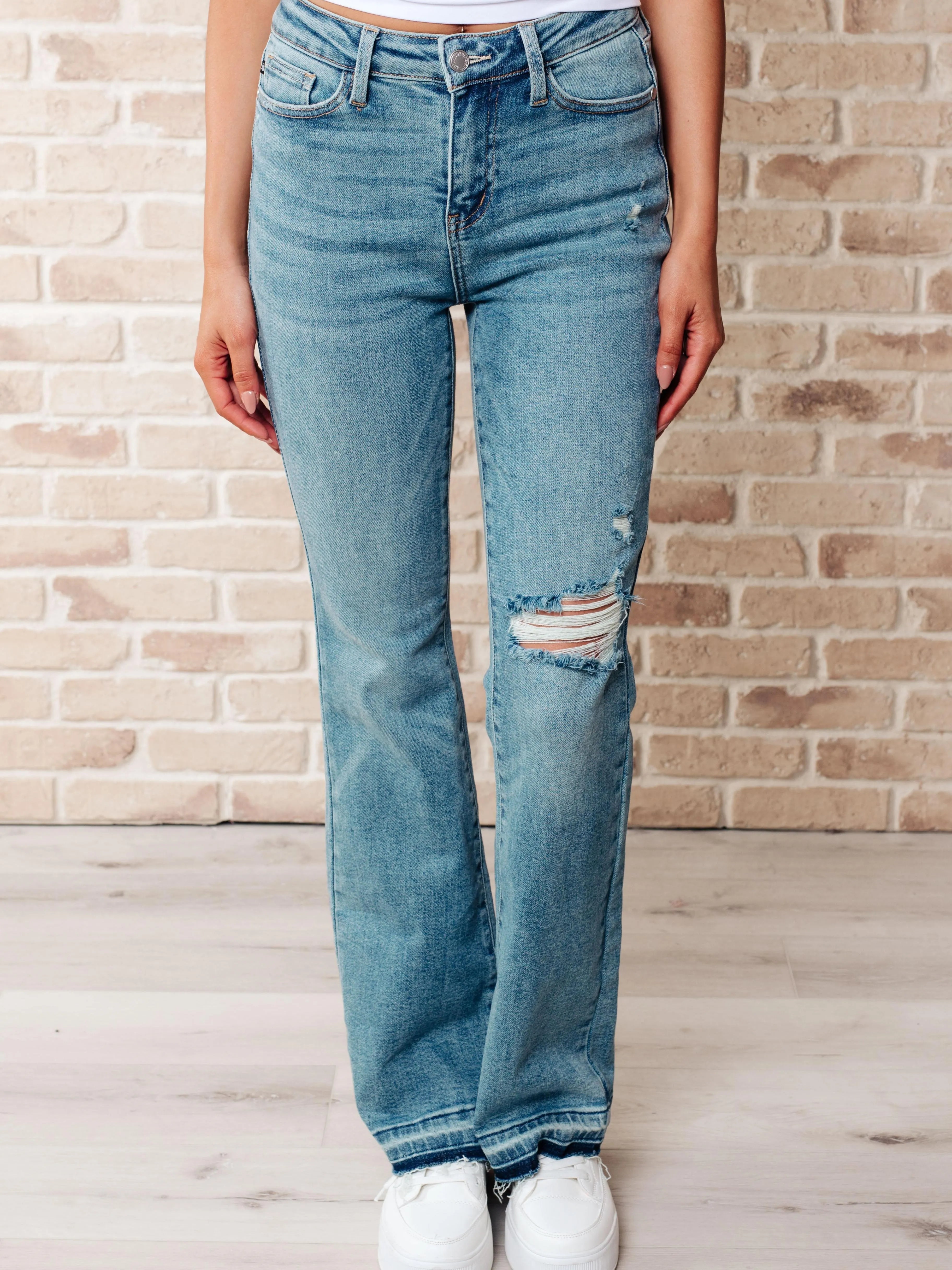 Judy Blue Raw and Reckless Ditressed Bootcut Mid Rise Jeans-Women's Jeans-Shop Z & Joxa