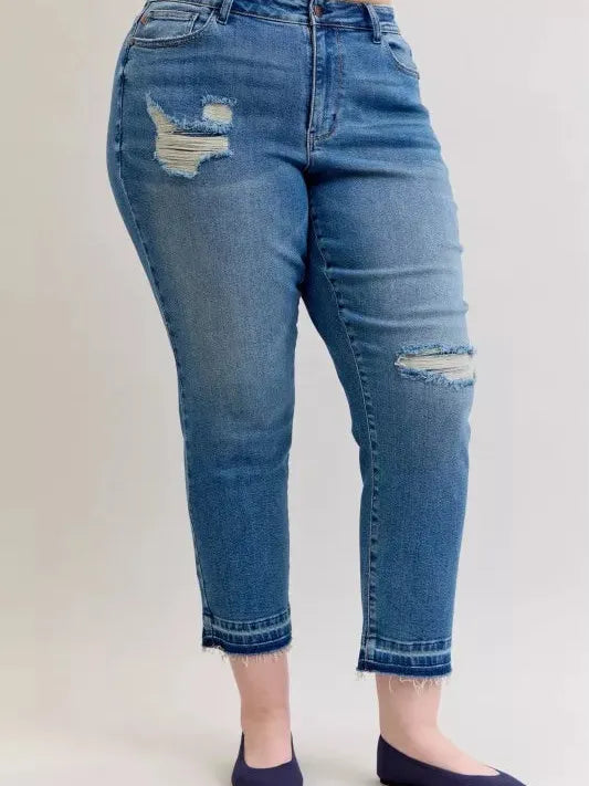 Judy Blue Rebel Heart Mid Rise Boyfriend Release Hem Jeans-Jeans-Shop Z & Joxa