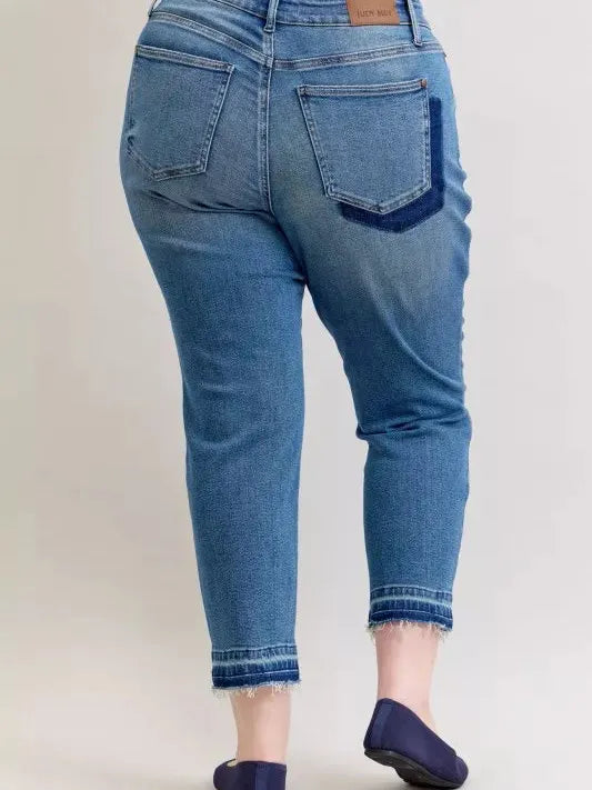 Judy Blue Rebel Heart Mid Rise Boyfriend Release Hem Jeans-Jeans-Shop Z & Joxa