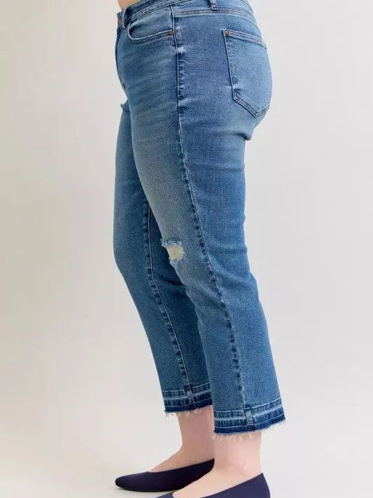 Judy Blue Rebel Heart Mid Rise Boyfriend Release Hem Jeans-Jeans-Shop Z & Joxa