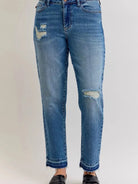 Judy Blue Rebel Heart Mid Rise Boyfriend Release Hem Jeans-Jeans-Shop Z & Joxa