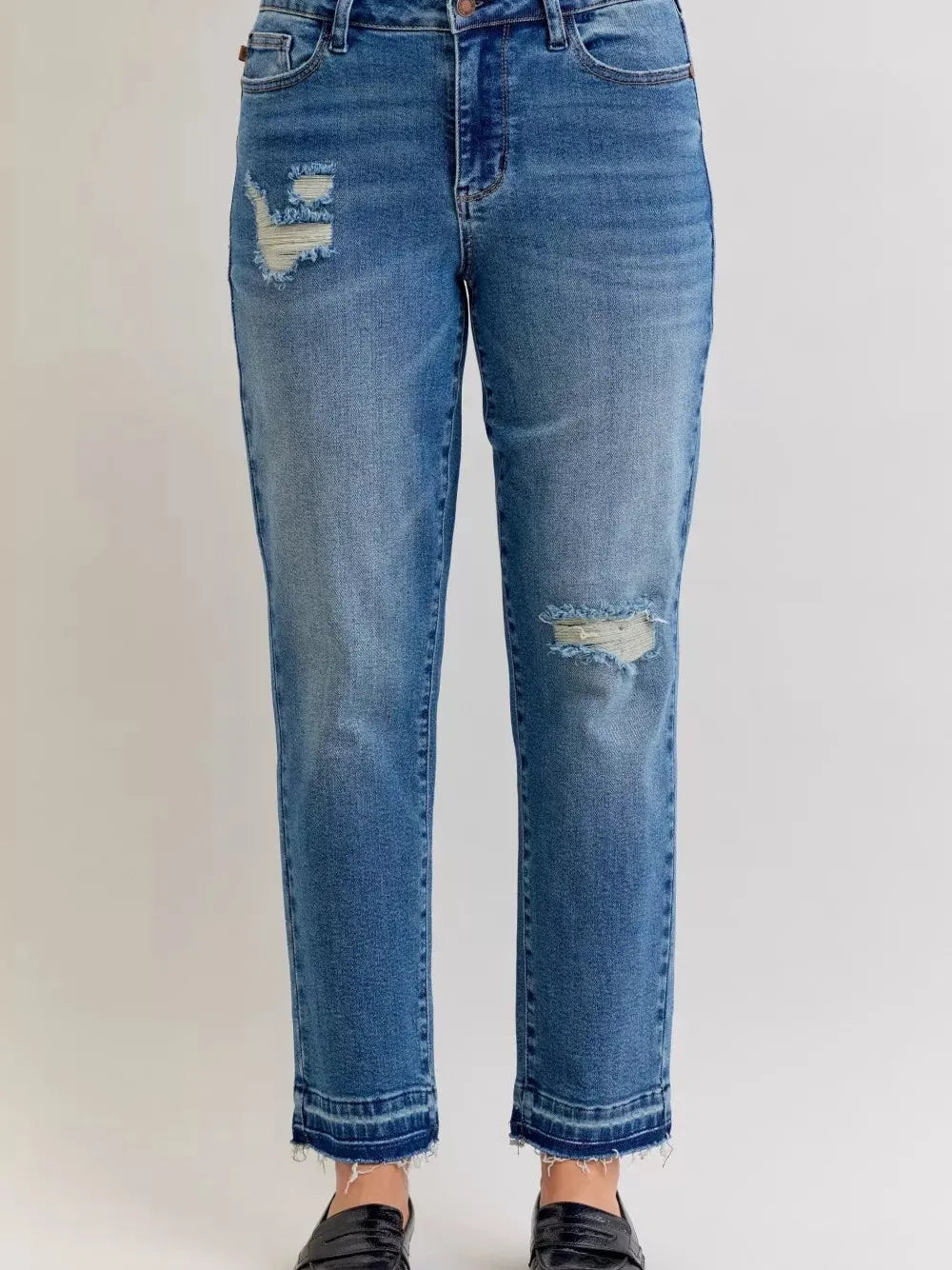 Judy Blue Rebel Heart Mid Rise Boyfriend Release Hem Jeans-Jeans-Shop Z & Joxa