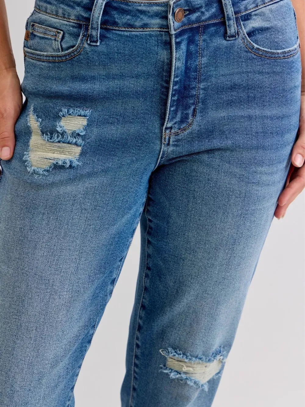 Judy Blue Rebel Heart Mid Rise Boyfriend Release Hem Jeans-Jeans-Shop Z & Joxa