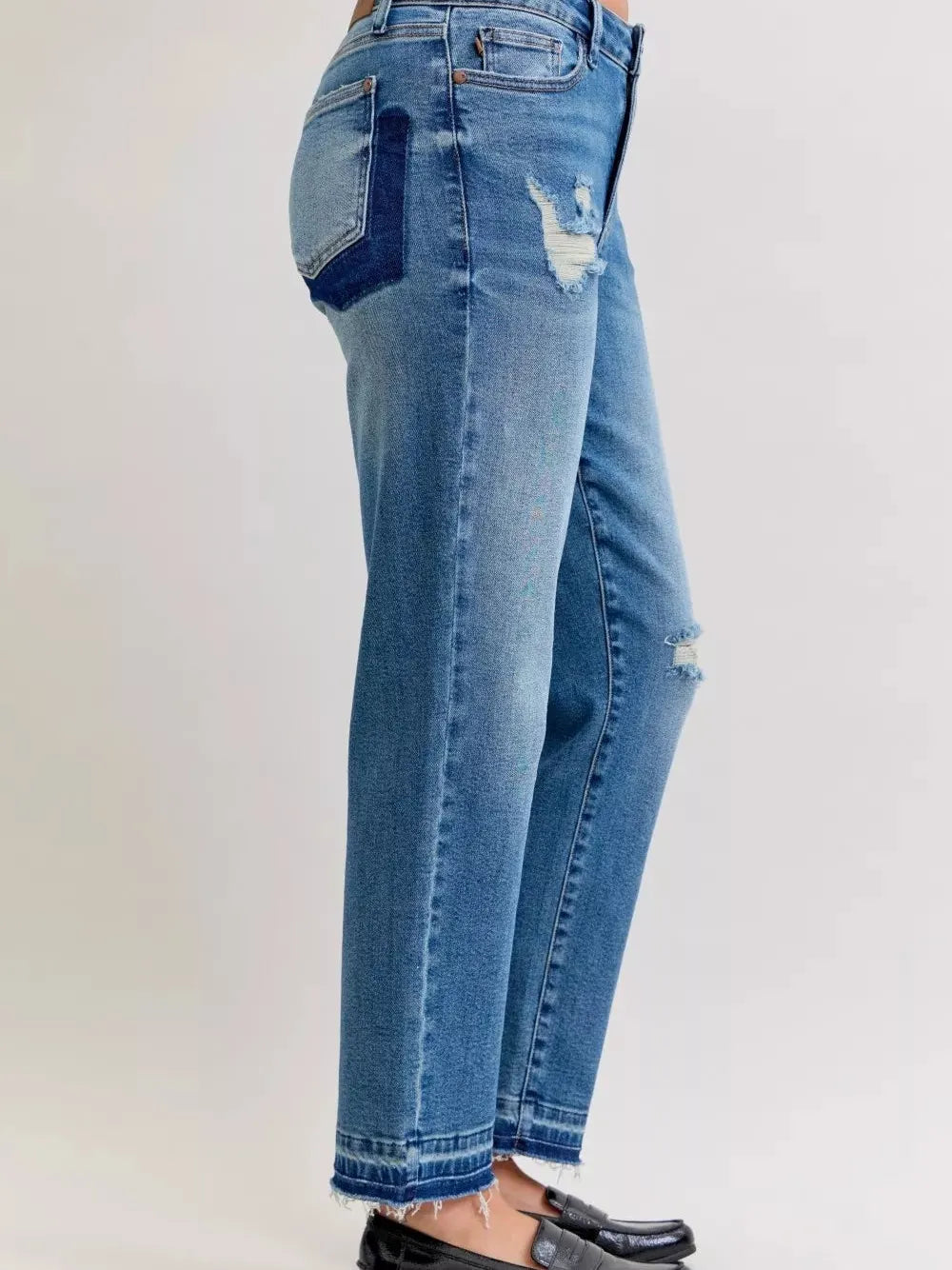 Judy Blue Rebel Heart Mid Rise Boyfriend Release Hem Jeans-Jeans-Shop Z & Joxa