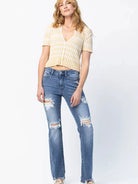 Judy Blue Rebel Stone Destroyed Mid Rise Straight Cut Jeans-Women's Jeans-Shop Z & Joxa