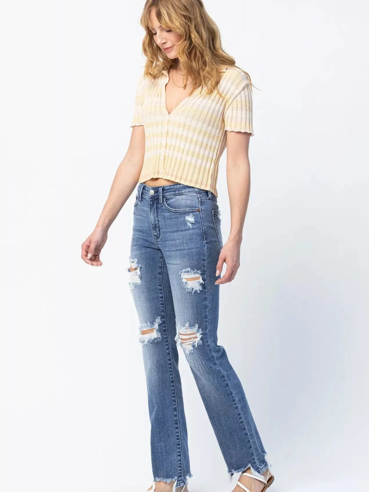 Judy Blue Rebel Stone Destroyed Mid Rise Straight Cut Jeans-Women's Jeans-Shop Z & Joxa