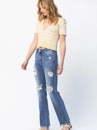 Judy Blue Rebel Stone Destroyed Mid Rise Straight Cut Jeans-Women's Jeans-Shop Z & Joxa