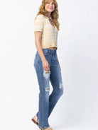 Judy Blue Rebel Stone Destroyed Mid Rise Straight Cut Jeans-Women's Jeans-Shop Z & Joxa