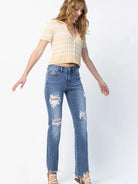 Judy Blue Rebel Stone Destroyed Mid Rise Straight Cut Jeans-Women's Jeans-Shop Z & Joxa