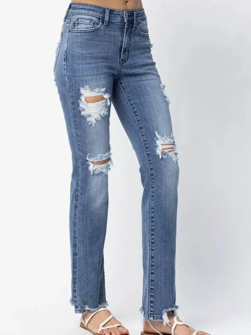 Judy Blue Rebel Stone Destroyed Mid Rise Straight Cut Jeans-Women's Jeans-Shop Z & Joxa