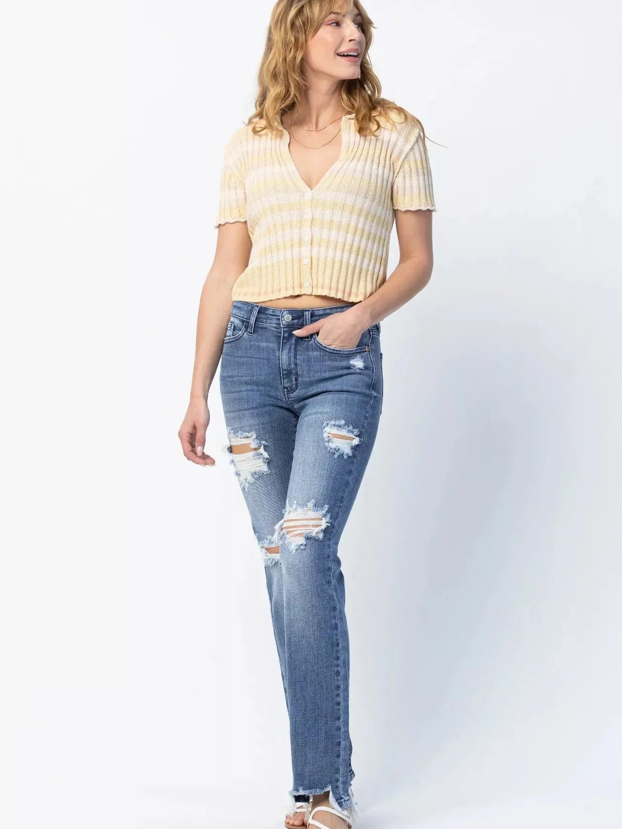 Judy Blue Rebel Stone Destroyed Mid Rise Straight Cut Jeans-Women's Jeans-Shop Z & Joxa