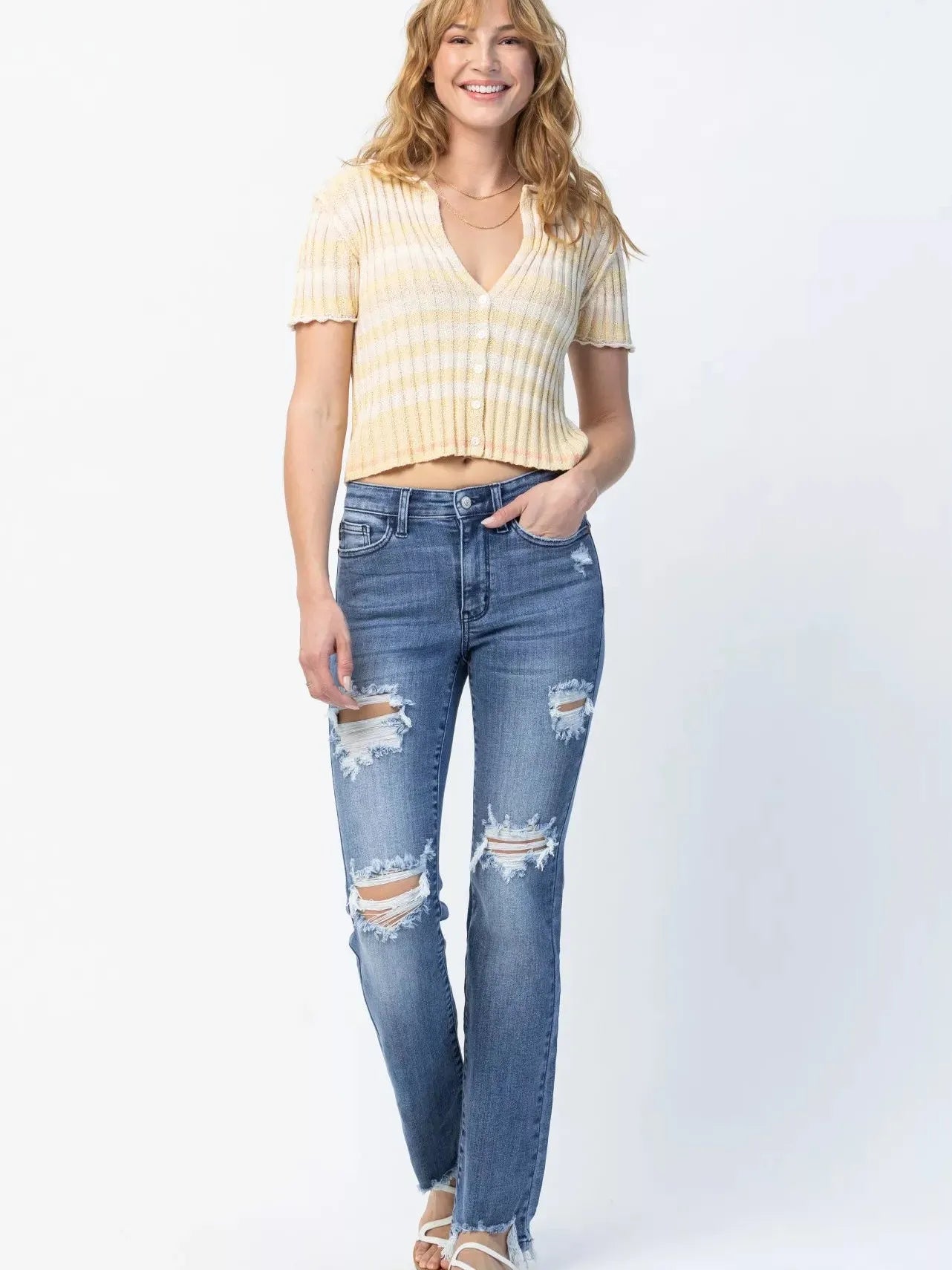 Judy Blue Rebel Stone Destroyed Mid Rise Straight Cut Jeans-Women's Jeans-Shop Z & Joxa