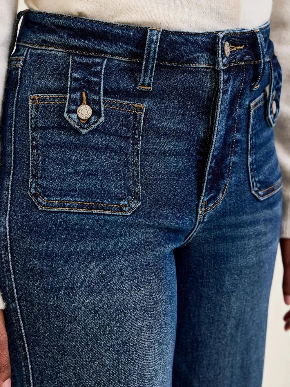 Judy Blue Retro Revival Wide Leg Jeans with Front Patch Tab Closure-Women's Jeans-Shop Z & Joxa