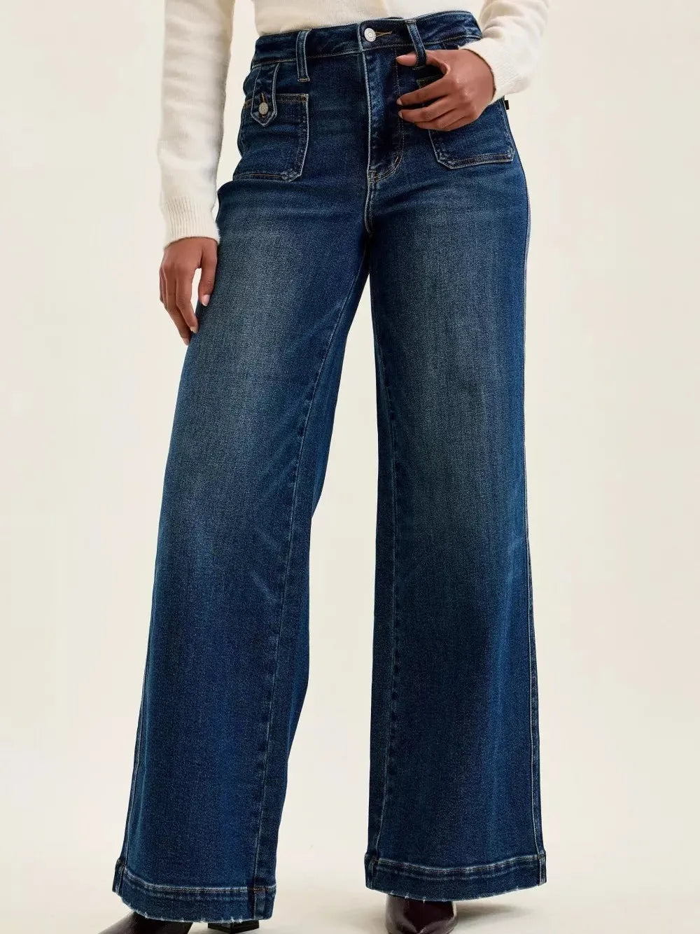 Judy Blue Retro Revival Wide Leg Jeans with Front Patch Tab Closure-Women's Jeans-Shop Z & Joxa