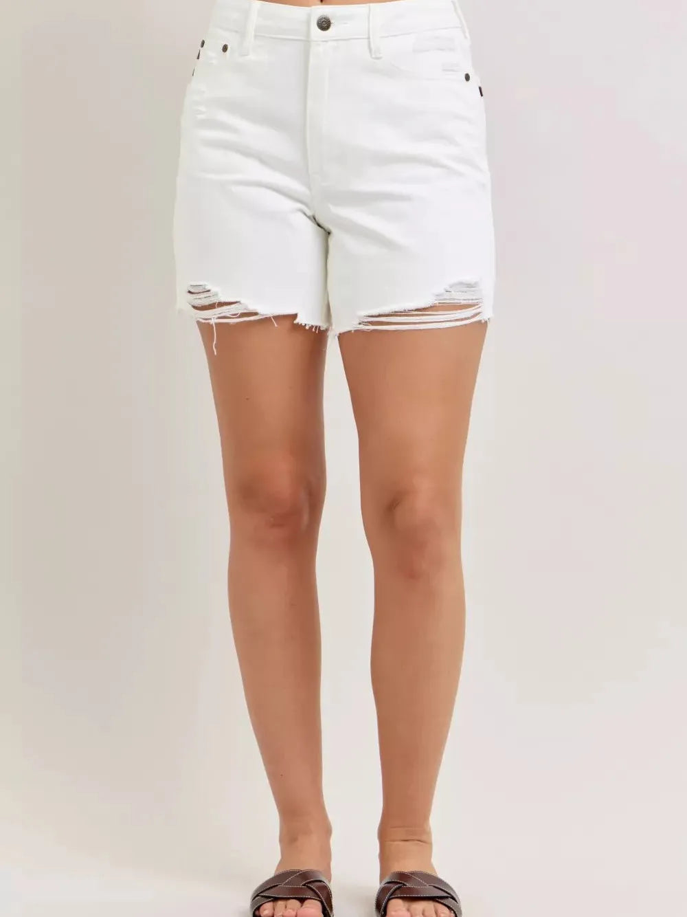 Judy Blue Rustic White Vogue Denim Dad Shorts with Cell Pockets-Women's Shorts-Shop Z & Joxa