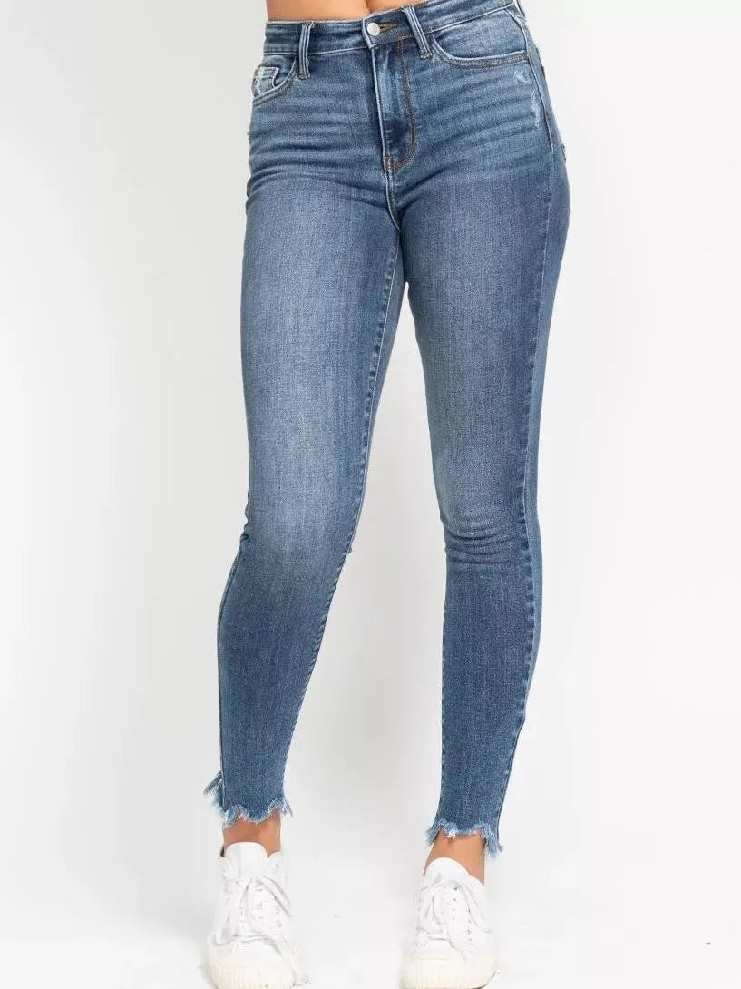 Judy Blue Shark Bite High Waist Skinny Jeans with Shark Bit Hem-Women's Jeans-Shop Z & Joxa