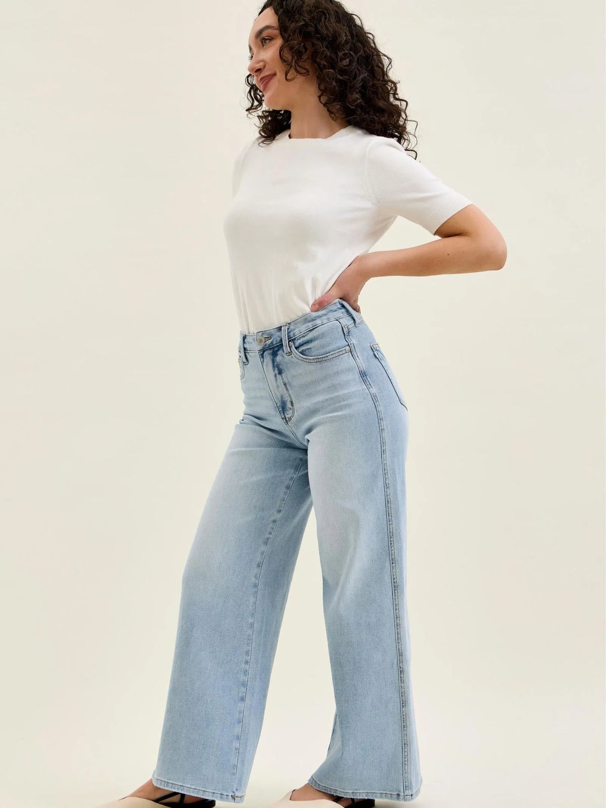 Judy Blue Short and Sweet Highrise Tummy Control Wide Leg Retro Jeans-Women's Jeans-Shop Z & Joxa