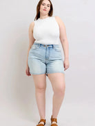 Judy Blue Starlight Double Button Light Wash Denim Shorts-Women's Shorts-Shop Z & Joxa