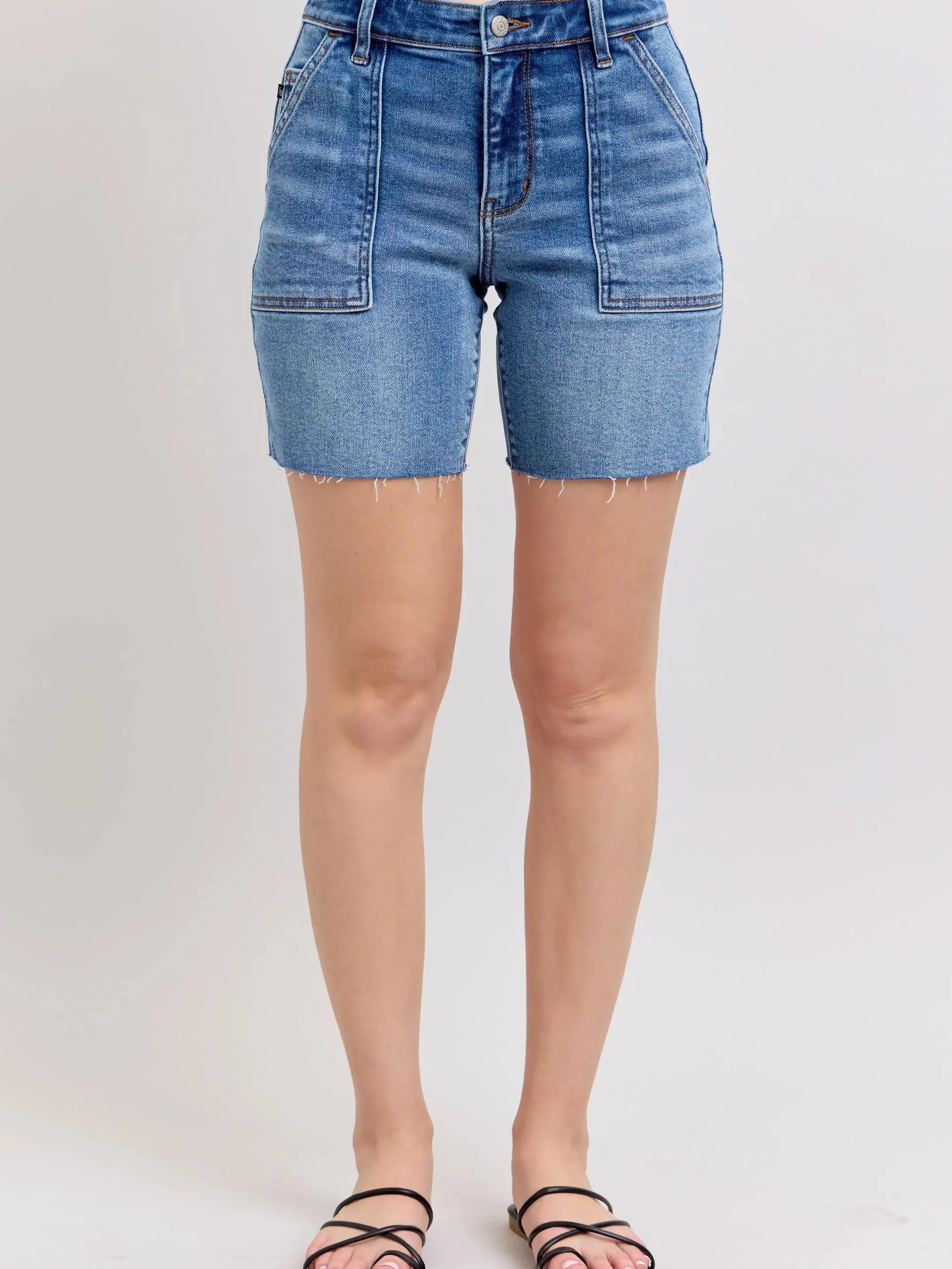 Judy Blue Stone Casual Bermudas Denim Shorts with Flap Pockets-Women's Shorts-Shop Z & Joxa