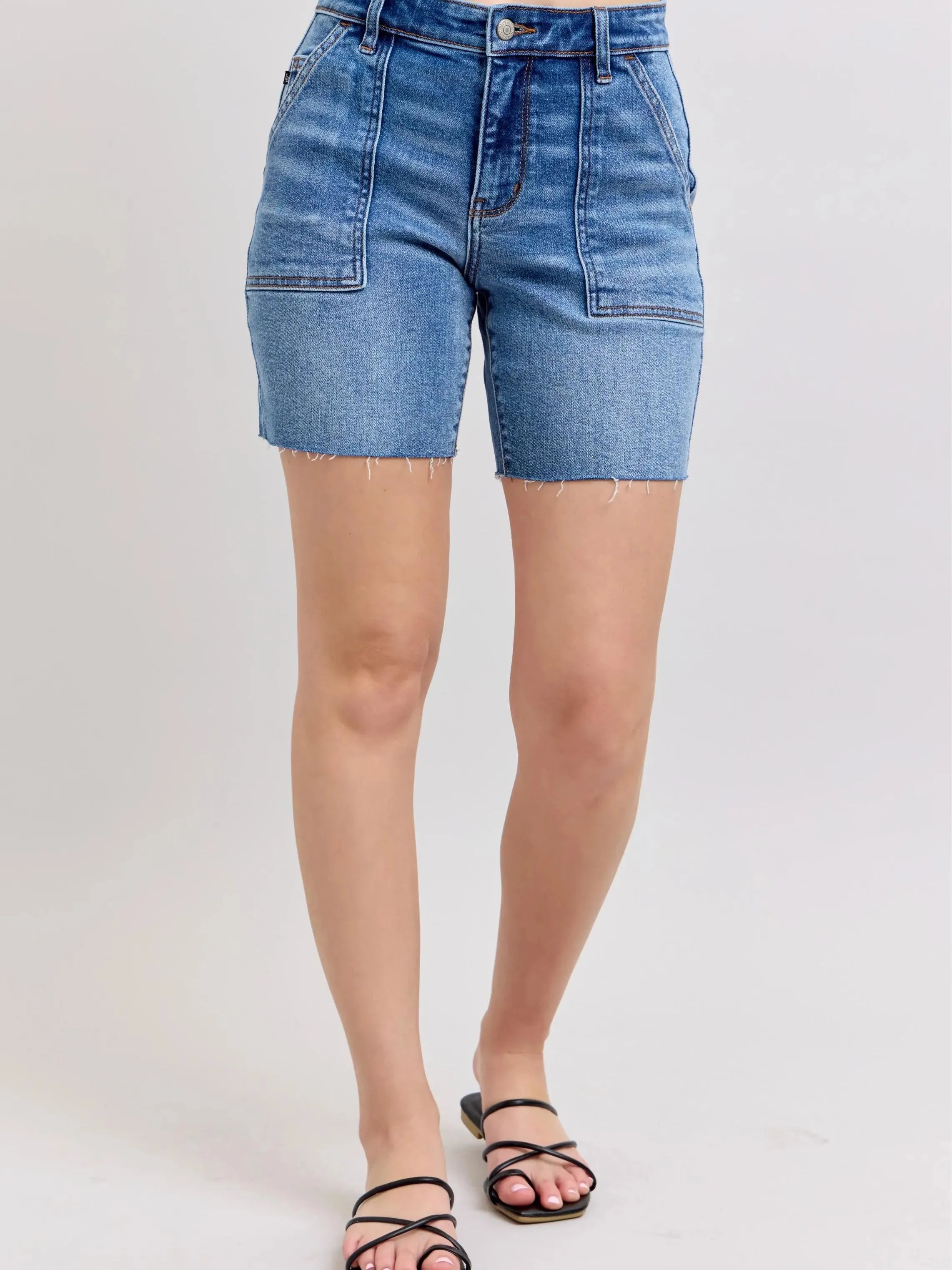 Judy Blue Stone Casual Bermudas Denim Shorts with Flap Pockets-Women's Shorts-Shop Z & Joxa