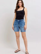 Judy Blue Stone Casual Bermudas Denim Shorts with Flap Pockets-Women's Shorts-Shop Z & Joxa