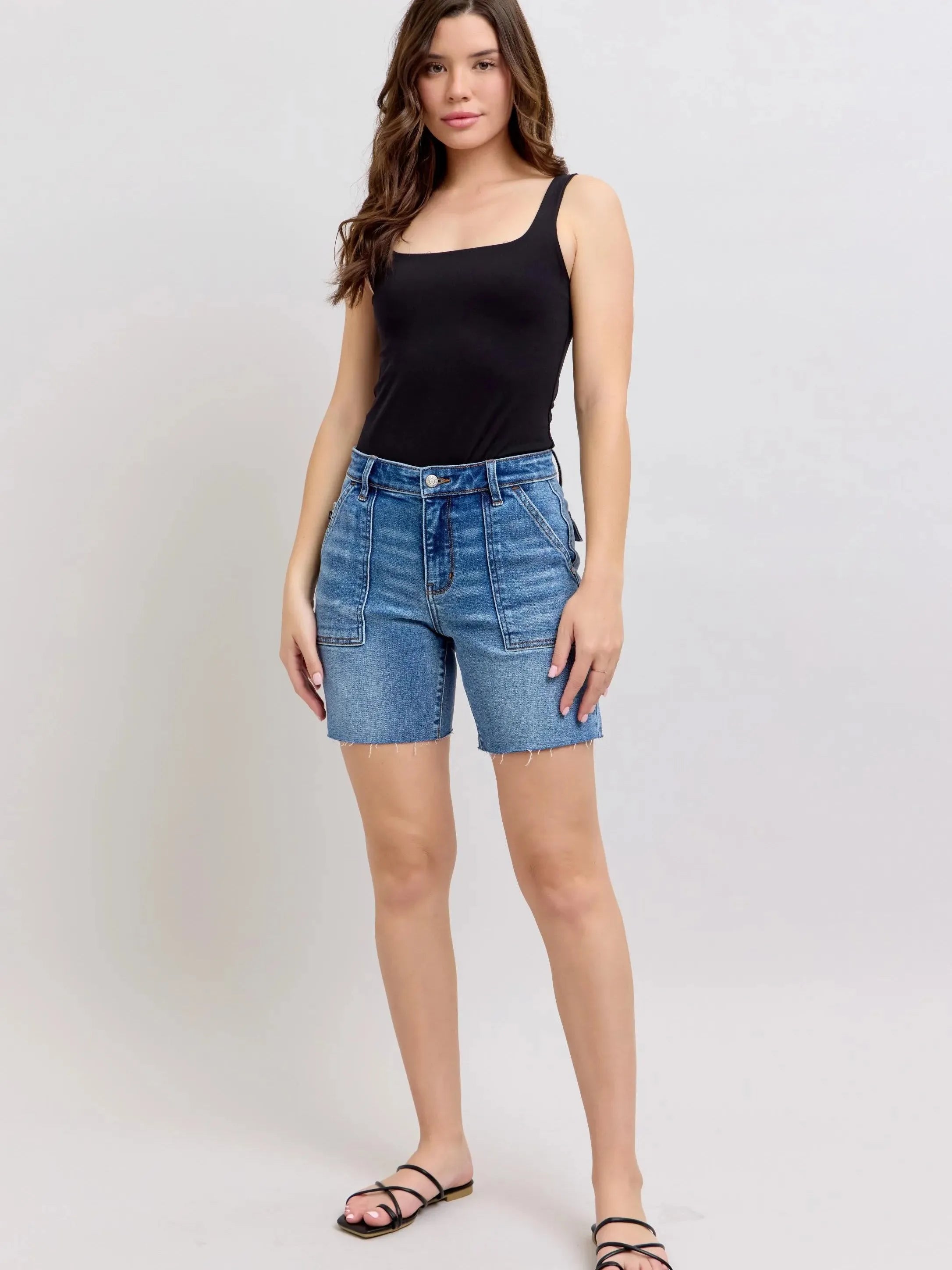 Judy Blue Stone Casual Bermudas Denim Shorts with Flap Pockets-Women's Shorts-Shop Z & Joxa
