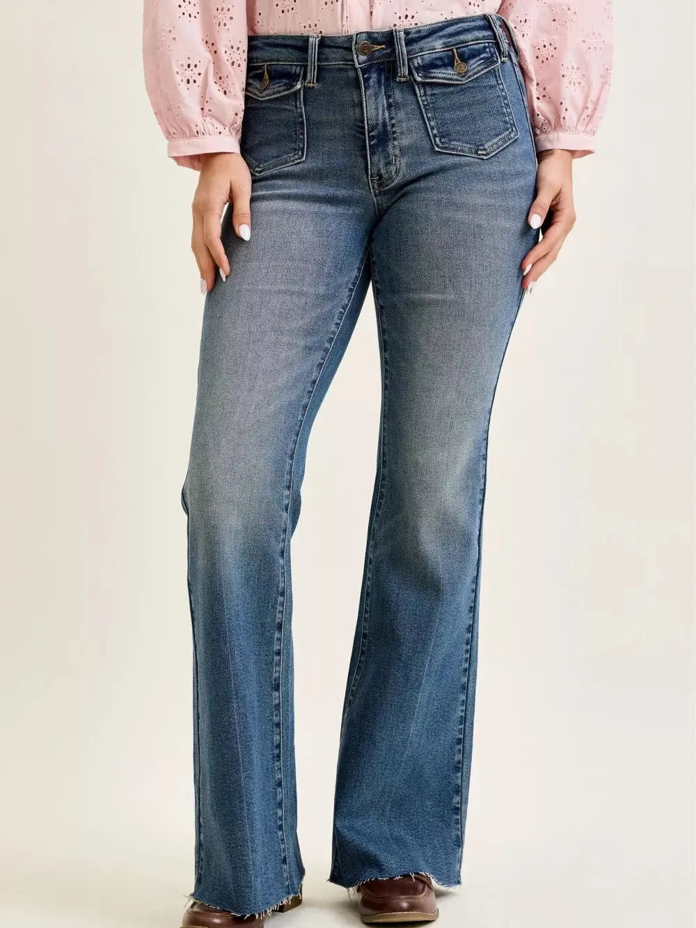 Judy Blue Stone Flare Revival Midrise Jeans with Flap Pockets-Women's Jeans-Shop Z & Joxa