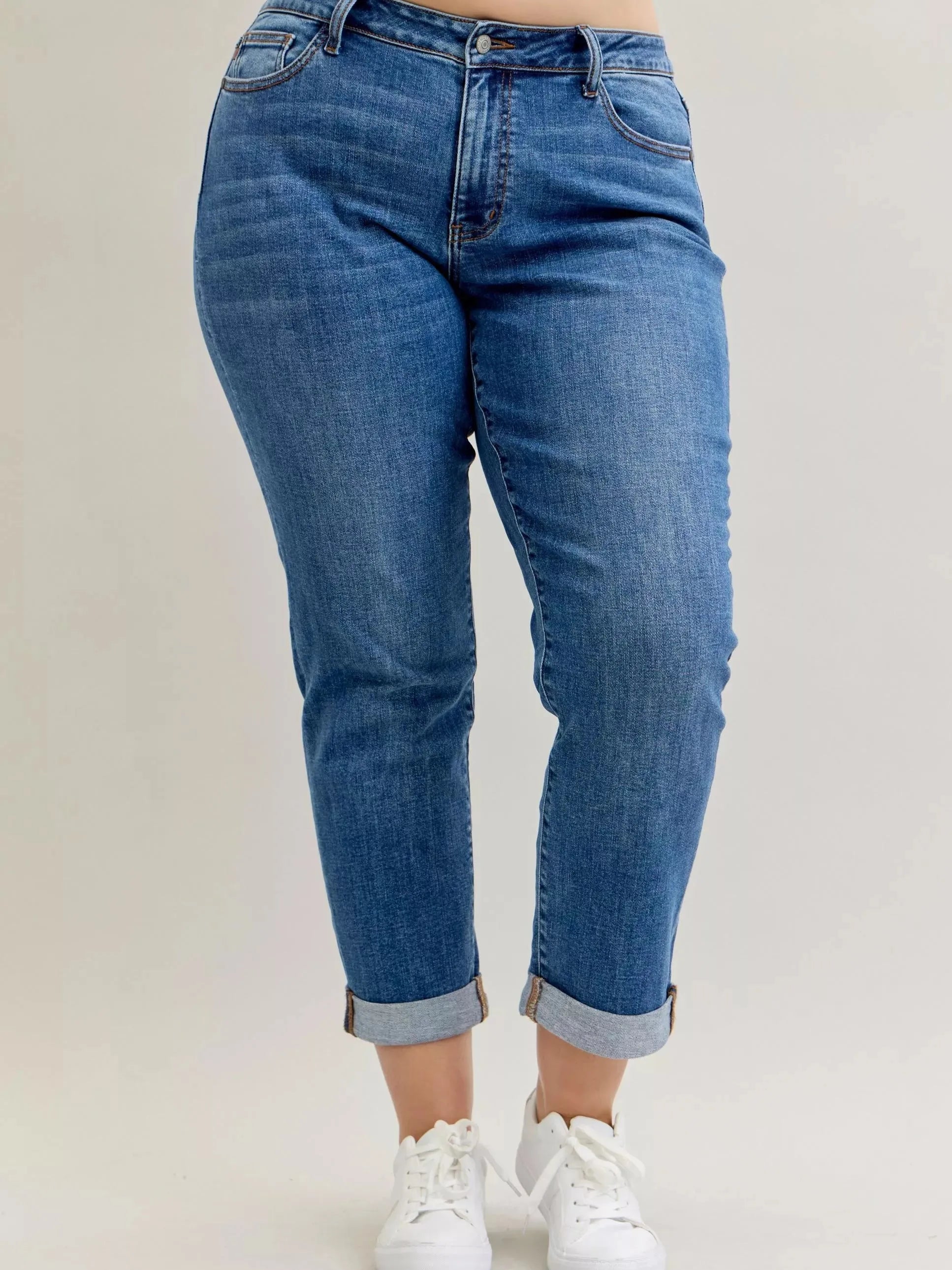 Judy Blue Weekend Vibes Mid Rise Boyfriend Jeans with Cuff-Women's Jeans-Shop Z & Joxa