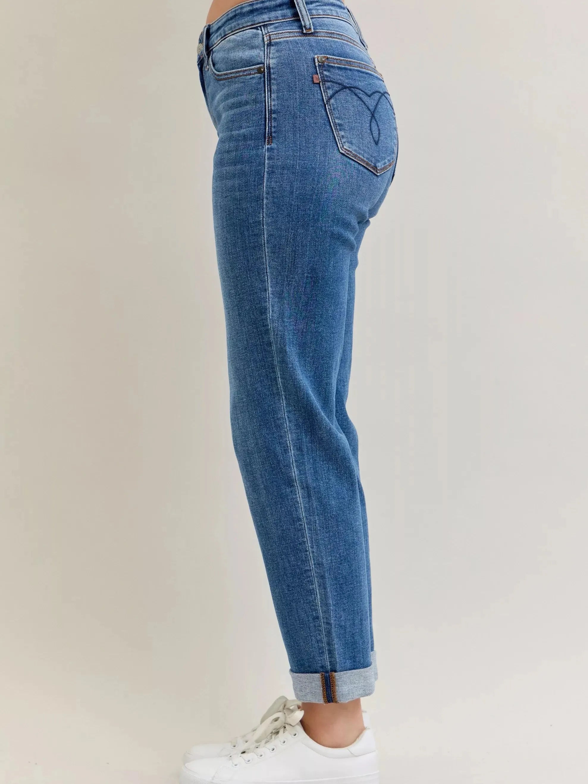 Judy Blue Weekend Vibes Mid Rise Boyfriend Jeans with Cuff-Women's Jeans-Shop Z & Joxa