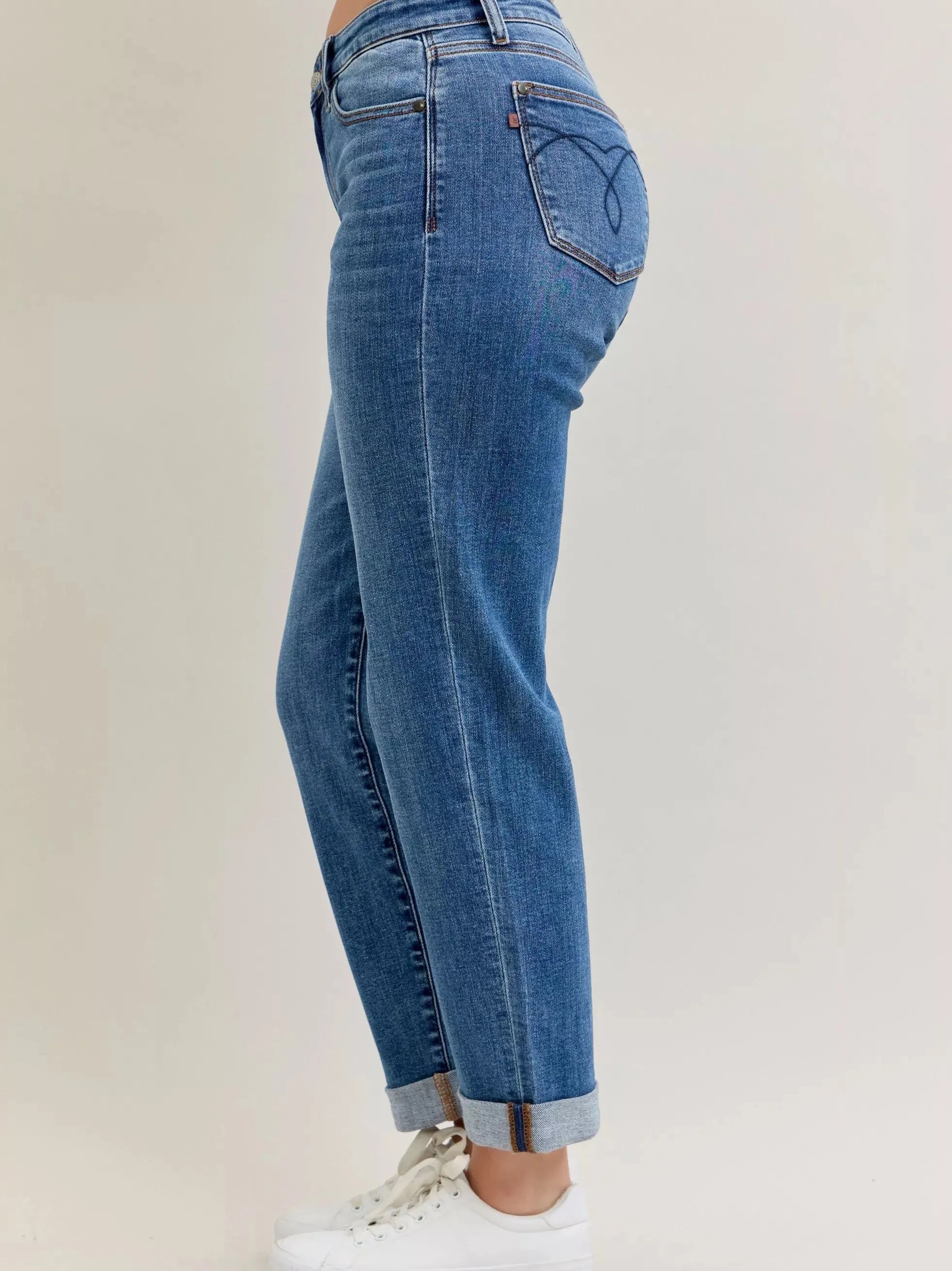 Judy Blue Weekend Vibes Mid Rise Boyfriend Jeans with Cuff-Women's Jeans-Shop Z & Joxa