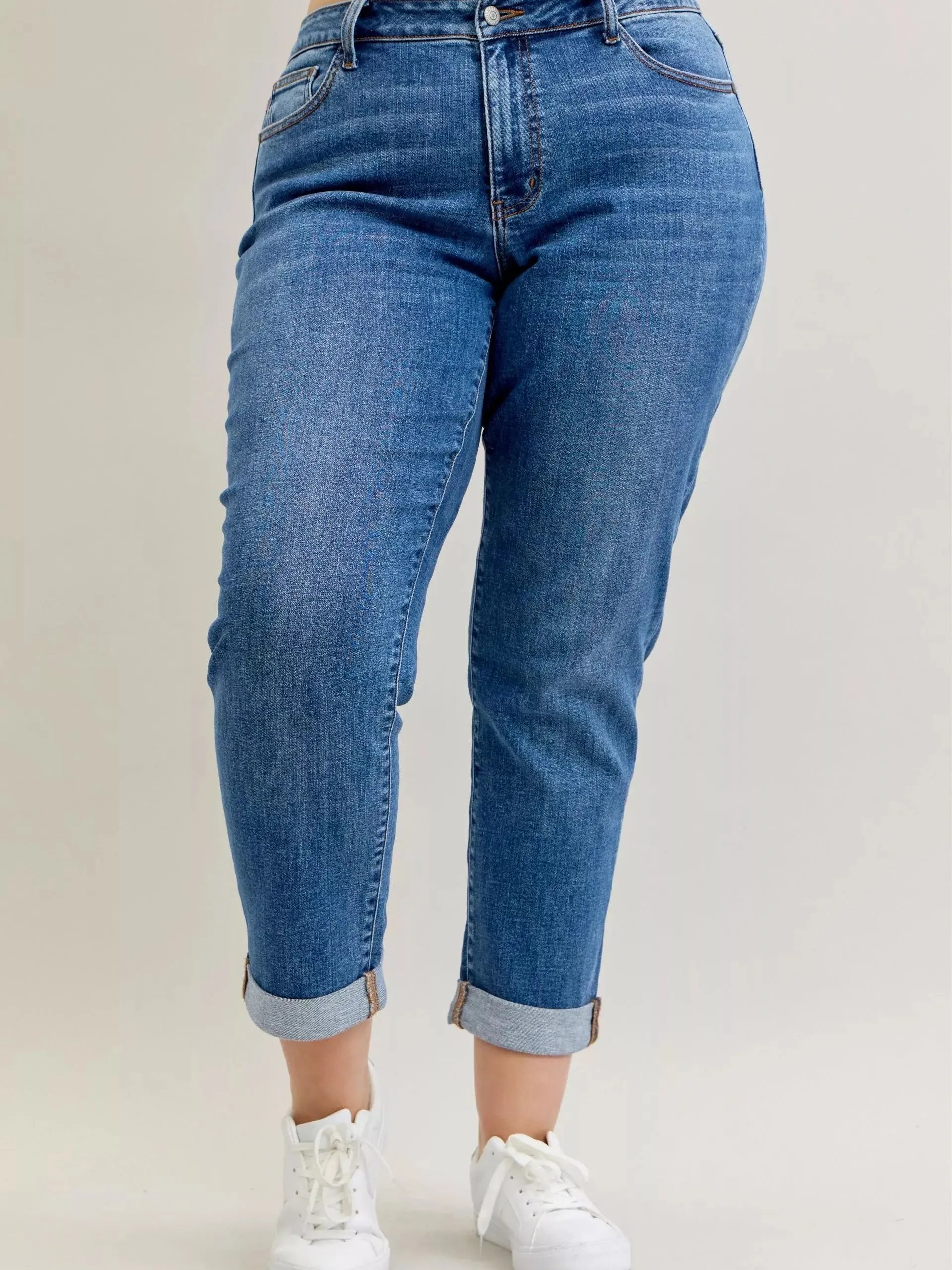 Judy Blue Weekend Vibes Mid Rise Boyfriend Jeans with Cuff-Women's Jeans-Shop Z & Joxa