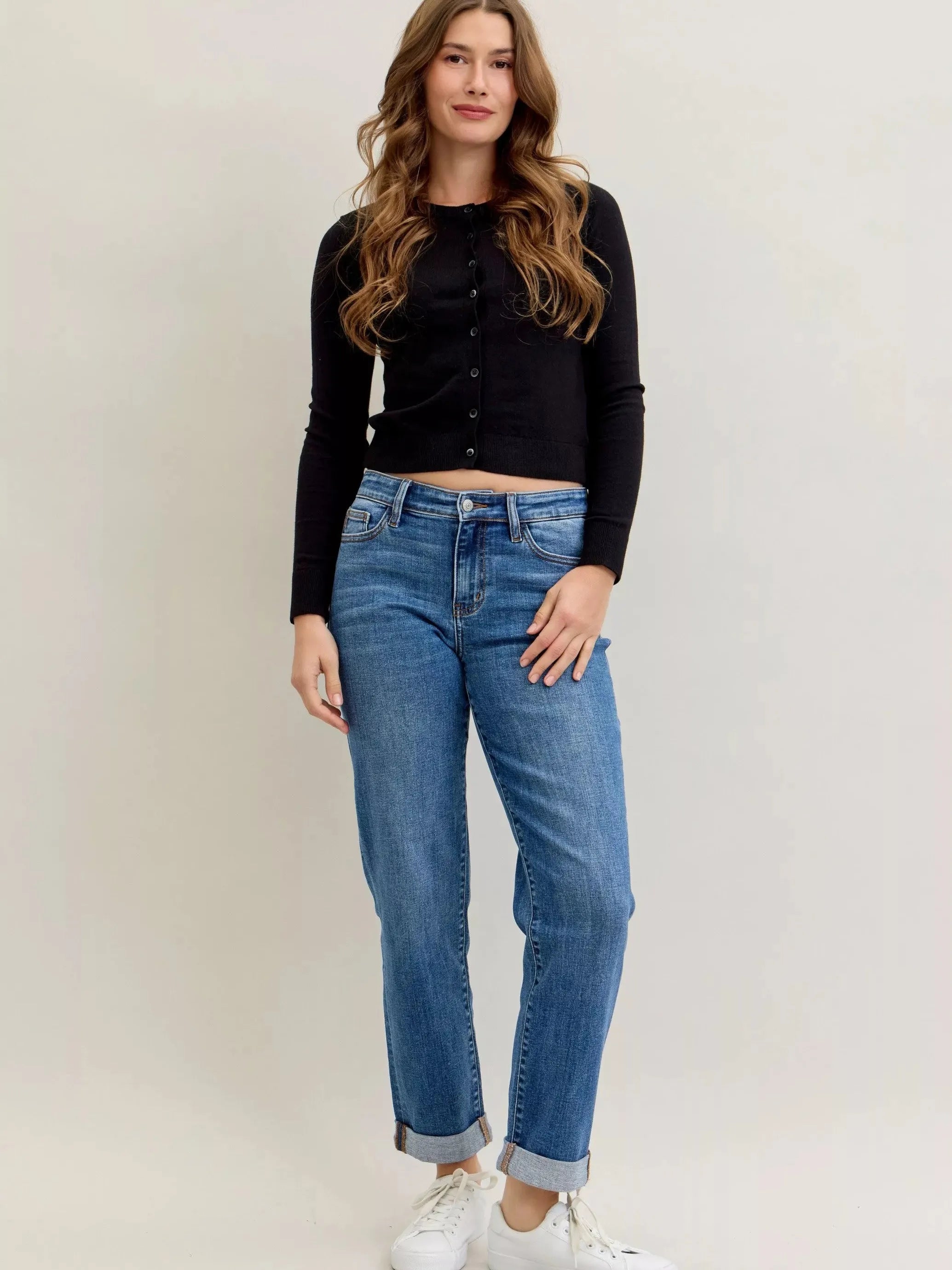 Judy Blue Weekend Vibes Mid Rise Boyfriend Jeans with Cuff-Women's Jeans-Shop Z & Joxa