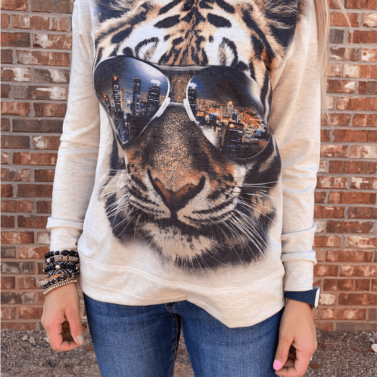 Just a City Girl Tiger Graphic Pullover-Women's Clothing-Shop Z & Joxa