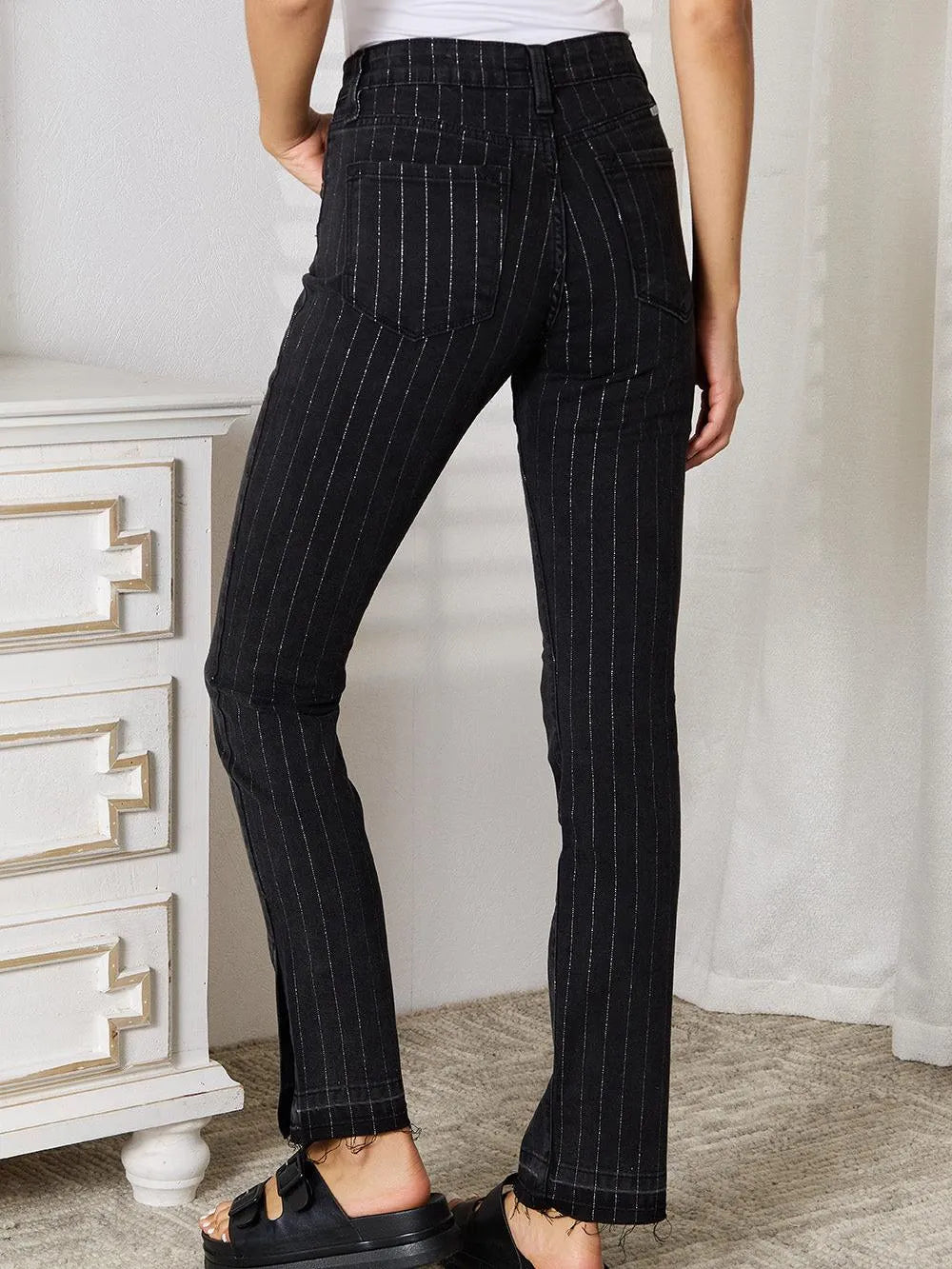 Kancan Onyx Glide Black Pants with Silver Stripes-Women's Jeans-Shop Z & Joxa