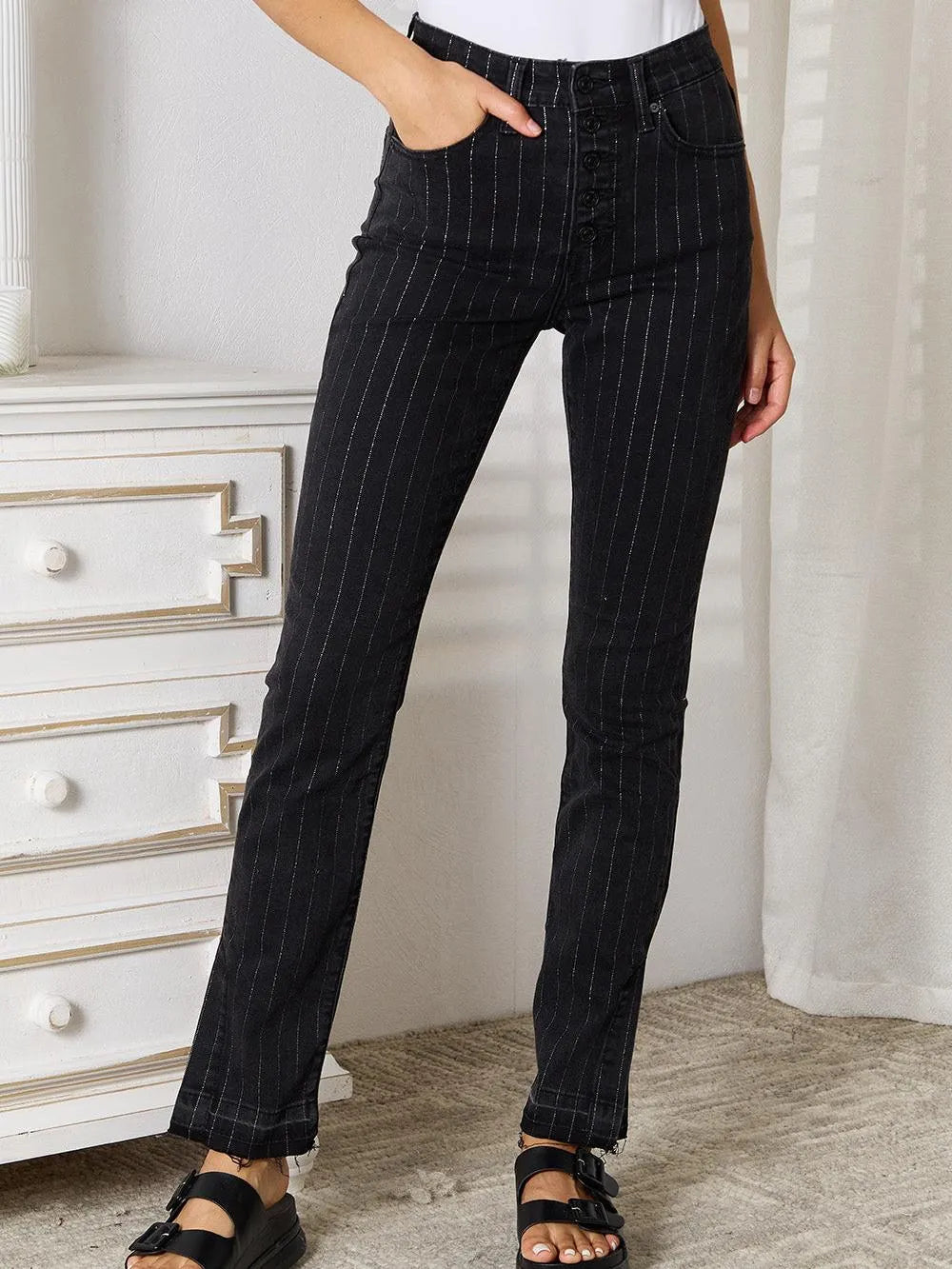 Kancan Onyx Glide Black Pants with Silver Stripes-Women's Jeans-Shop Z & Joxa